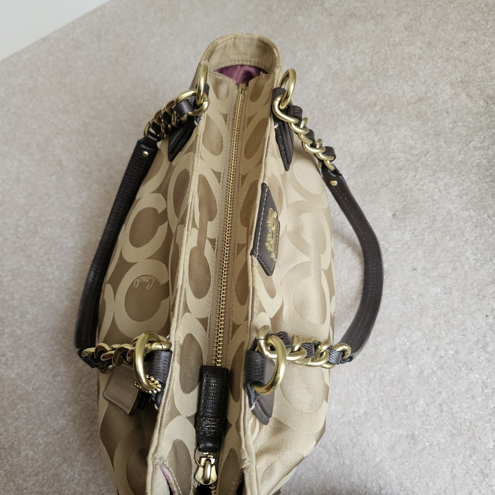 Coach Signature Tote Khaki Brown Leather Trim Chain Straps - Picture 5 of 10